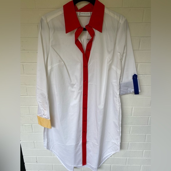 New York & Company Tops - NWT NEW YORK & Co. White button down Tunic Shirt Red Yellow & Blue Cuffs Sz M